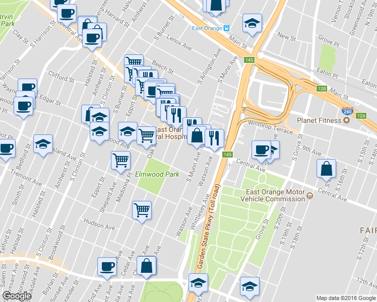 map of restaurants, bars, coffee shops, grocery stores, and more near 109 South Munn Avenue in East Orange