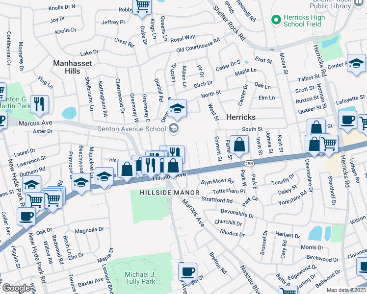 map of restaurants, bars, coffee shops, grocery stores, and more near 59 Allen Street in New Hyde Park