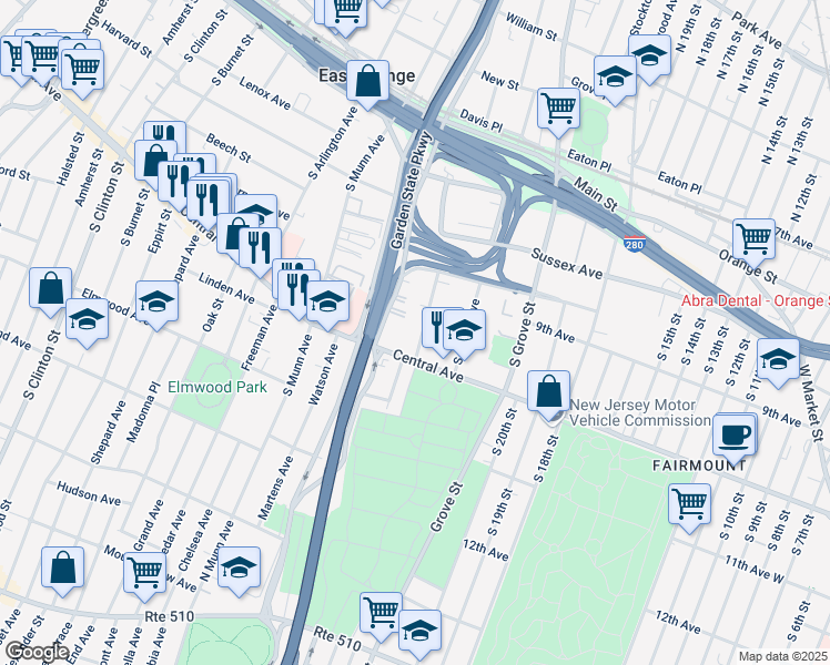 map of restaurants, bars, coffee shops, grocery stores, and more near 87 Hawthorne Avenue in East Orange