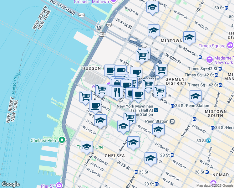 map of restaurants, bars, coffee shops, grocery stores, and more near 20 Hudson Yards in New York