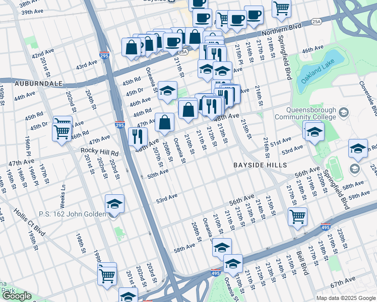 map of restaurants, bars, coffee shops, grocery stores, and more near 48-49 210th Street in Queens