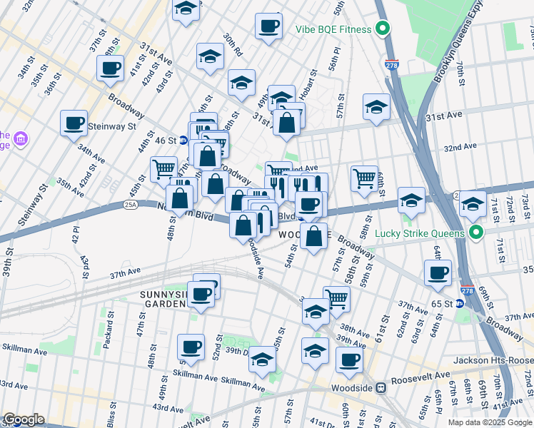 map of restaurants, bars, coffee shops, grocery stores, and more near 02 Northern Boulevard in Queens
