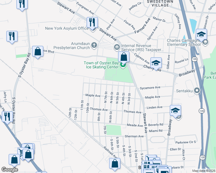 map of restaurants, bars, coffee shops, grocery stores, and more near 260 North 7th Street in Bethpage