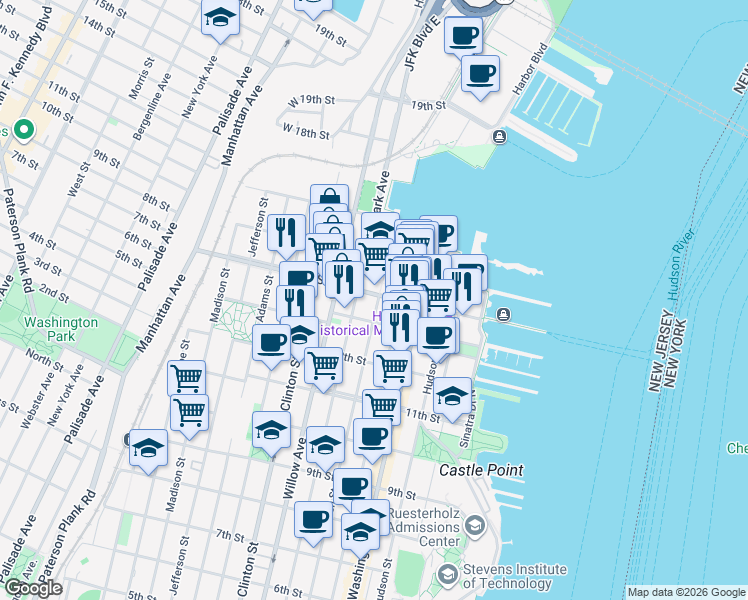 map of restaurants, bars, coffee shops, grocery stores, and more near 201 14th Street in Hoboken