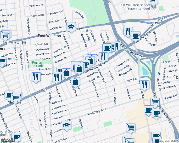 map of restaurants, bars, coffee shops, grocery stores, and more near 199 New York 25 in Mineola