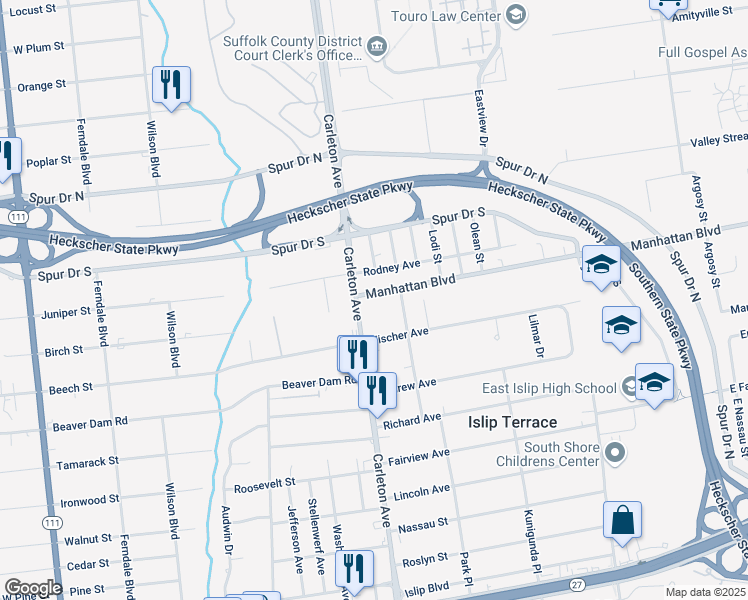 map of restaurants, bars, coffee shops, grocery stores, and more near 6 Manhattan Blvd in Islip Terrace