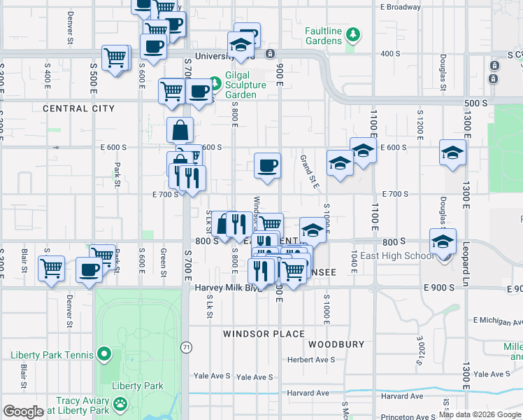 map of restaurants, bars, coffee shops, grocery stores, and more near 724 Windsor Street in Salt Lake City