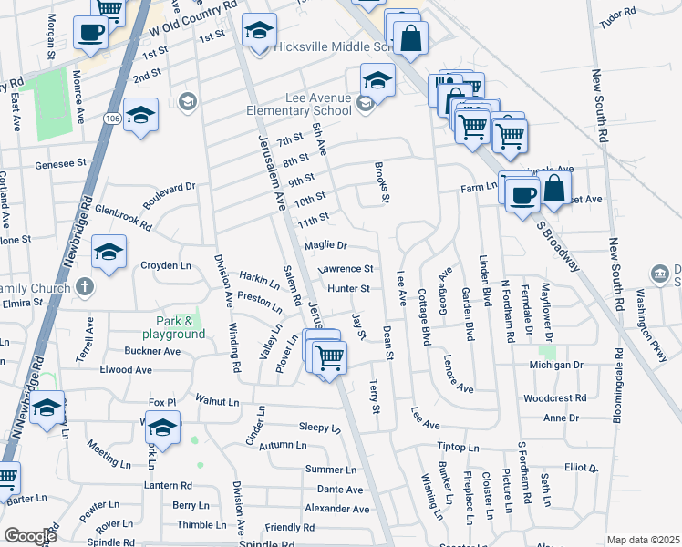 map of restaurants, bars, coffee shops, grocery stores, and more near 21 Lawrence Street in Hicksville