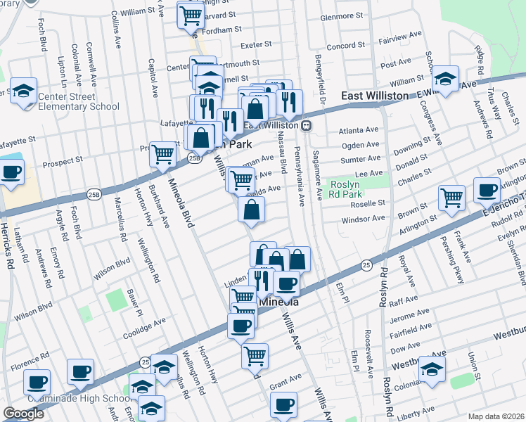 map of restaurants, bars, coffee shops, grocery stores, and more near 124 Mc Clellan Avenue in Mineola
