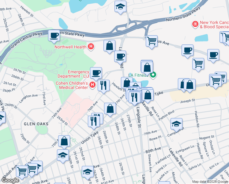 map of restaurants, bars, coffee shops, grocery stores, and more near 76-19 271st Street in Queens
