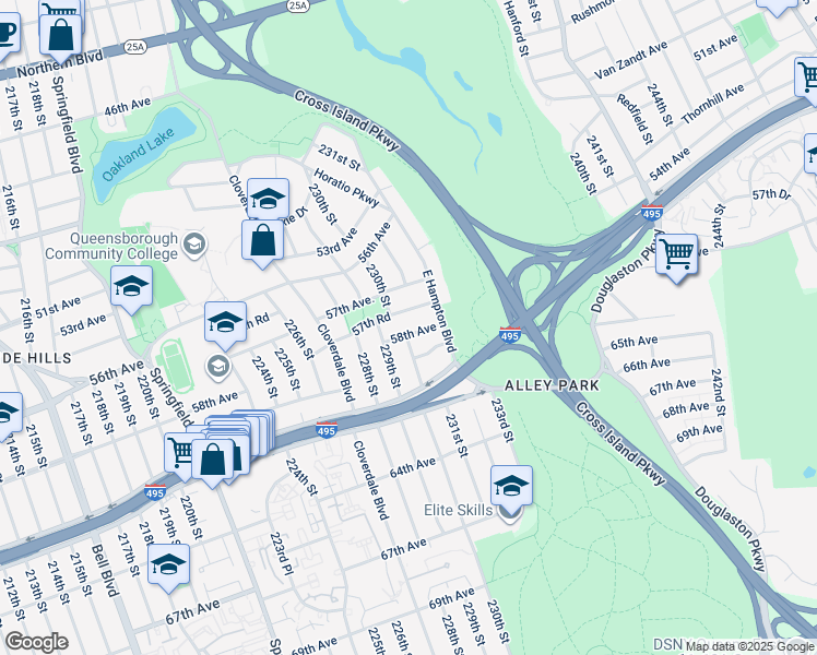 map of restaurants, bars, coffee shops, grocery stores, and more near 230-01 58th Avenue in Queens