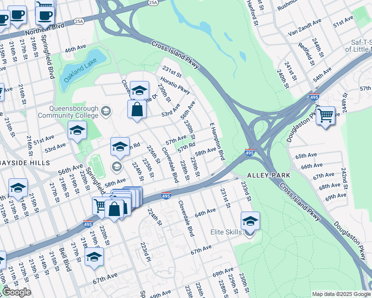 map of restaurants, bars, coffee shops, grocery stores, and more near 228-16 57th Road in Queens