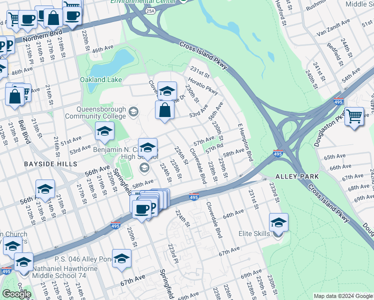 map of restaurants, bars, coffee shops, grocery stores, and more near 5639 226th Street in Queens