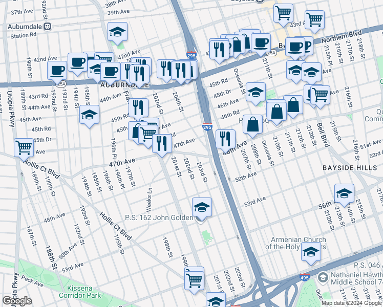 map of restaurants, bars, coffee shops, grocery stores, and more near 47-29 203rd Street in Queens