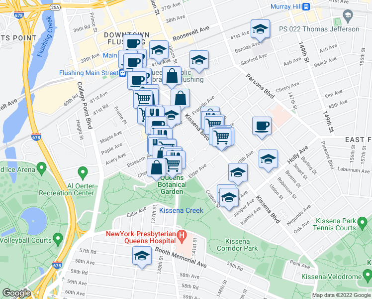 map of restaurants, bars, coffee shops, grocery stores, and more near 42-55 Colden Street in Queens