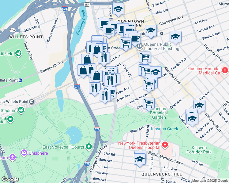 map of restaurants, bars, coffee shops, grocery stores, and more near in Queens