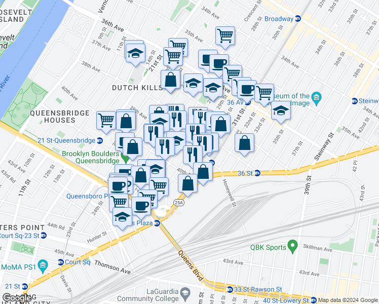 map of restaurants, bars, coffee shops, grocery stores, and more near 39-08 29th Street in Queens