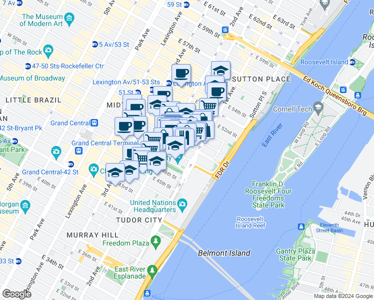 map of restaurants, bars, coffee shops, grocery stores, and more near 320 East 49th Street in New York