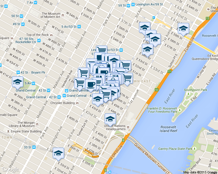 map of restaurants, bars, coffee shops, grocery stores, and more near 240 East 47th Street in New York
