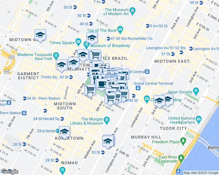 map of restaurants, bars, coffee shops, grocery stores, and more near 476 5th Avenue in New York
