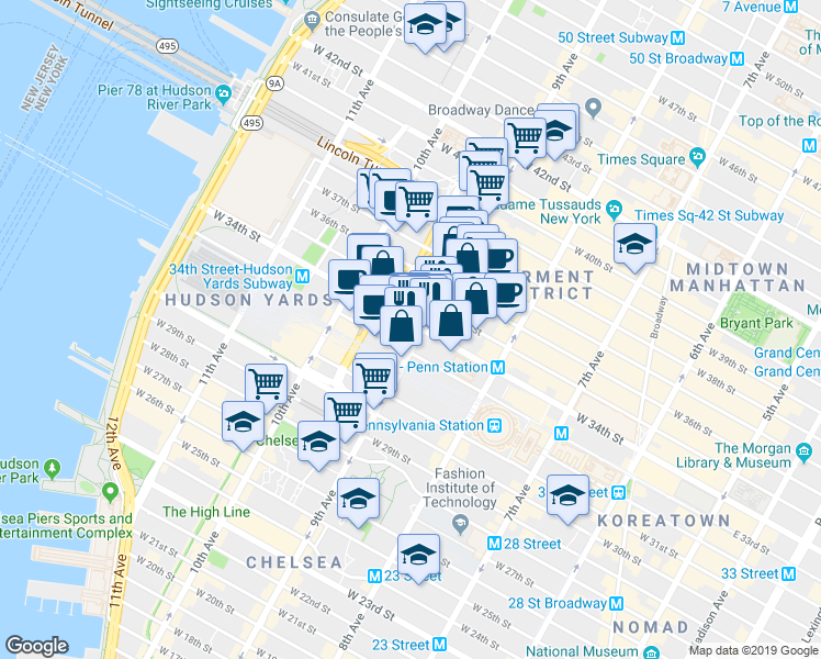 map of restaurants, bars, coffee shops, grocery stores, and more near 369 West 34th Street in New York