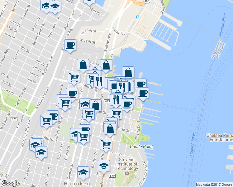 map of restaurants, bars, coffee shops, grocery stores, and more near in Hoboken
