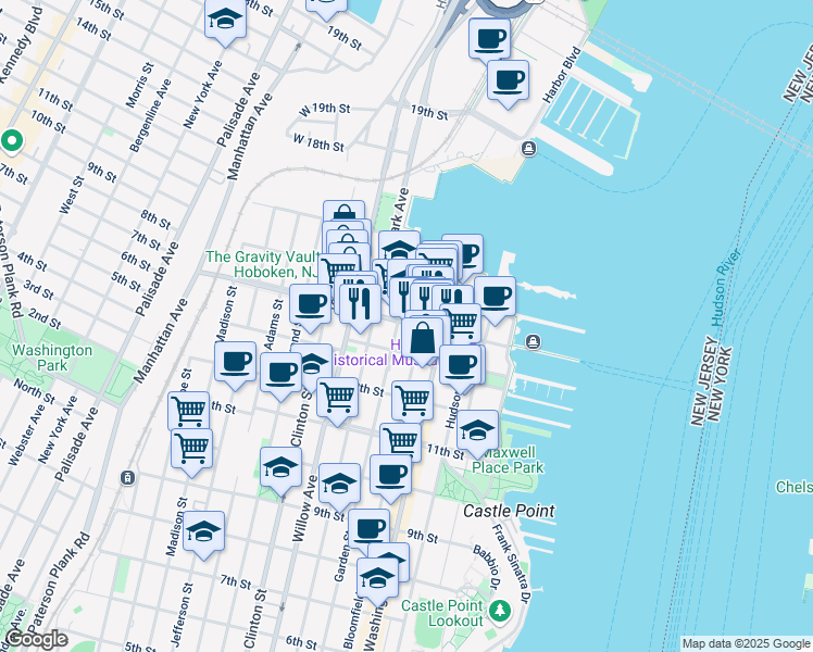map of restaurants, bars, coffee shops, grocery stores, and more near 201 14th Street in Hoboken