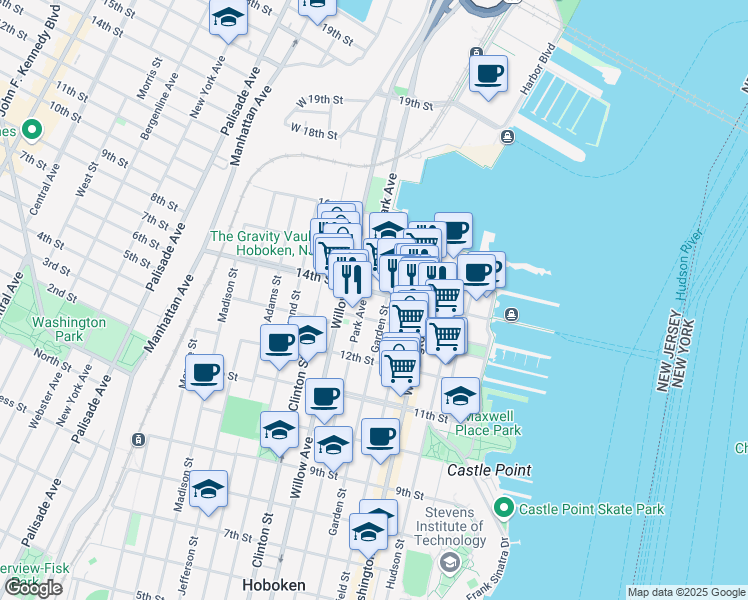map of restaurants, bars, coffee shops, grocery stores, and more near 201 14th Street in Hoboken