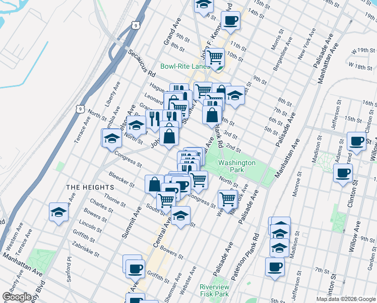 map of restaurants, bars, coffee shops, grocery stores, and more near 34 Irving Street in Jersey City