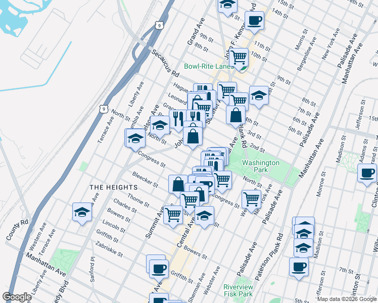 map of restaurants, bars, coffee shops, grocery stores, and more near in Jersey City