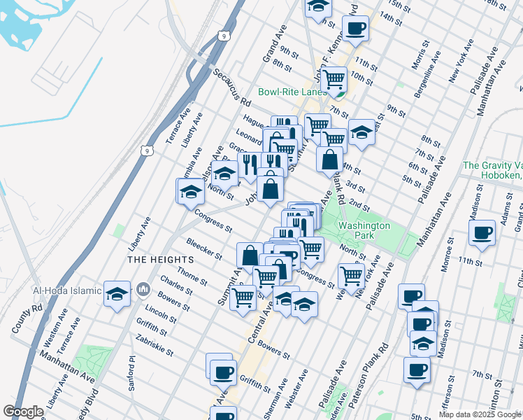 map of restaurants, bars, coffee shops, grocery stores, and more near 1127 Summit Avenue in Jersey City