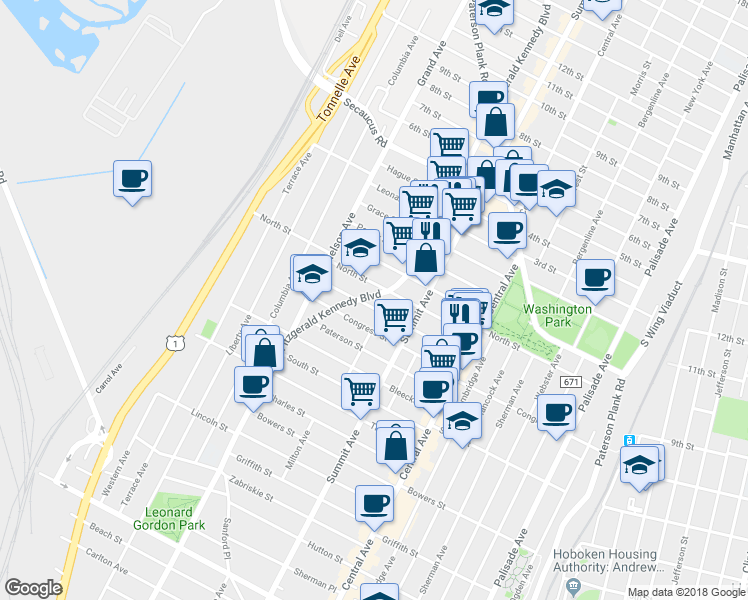 map of restaurants, bars, coffee shops, grocery stores, and more near 3592 John F. Kennedy Boulevard in Jersey City