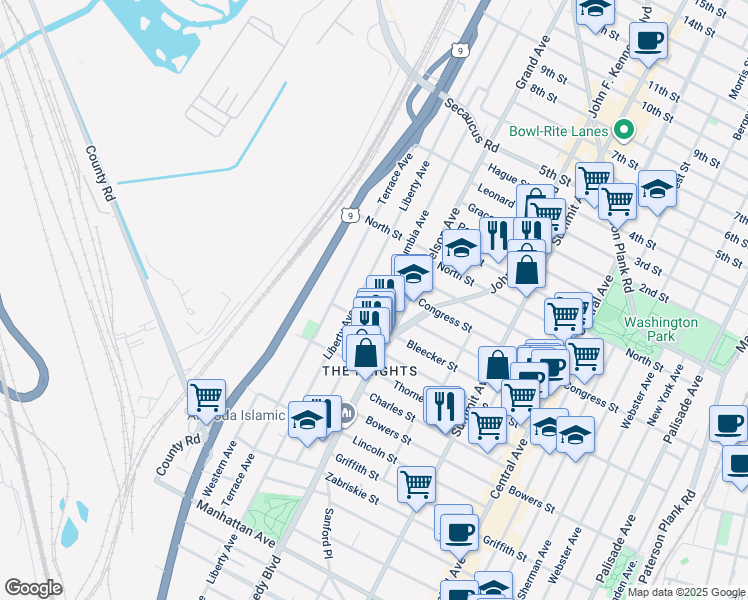 map of restaurants, bars, coffee shops, grocery stores, and more near 153 Columbia Avenue in Jersey City