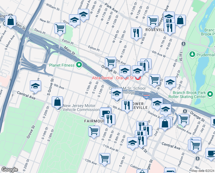 map of restaurants, bars, coffee shops, grocery stores, and more near 26-32 Gould Avenue in Newark