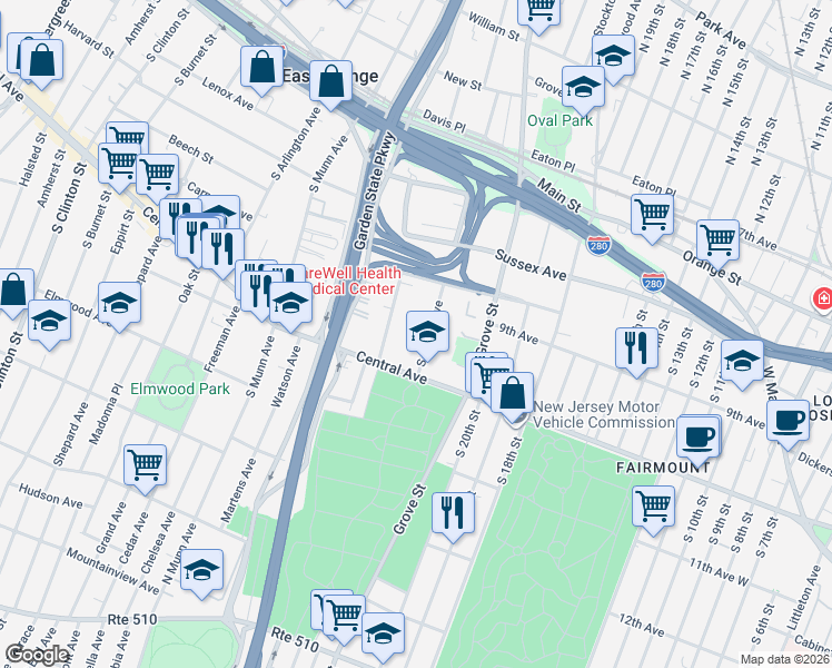 map of restaurants, bars, coffee shops, grocery stores, and more near 56 South Maple Avenue in East Orange