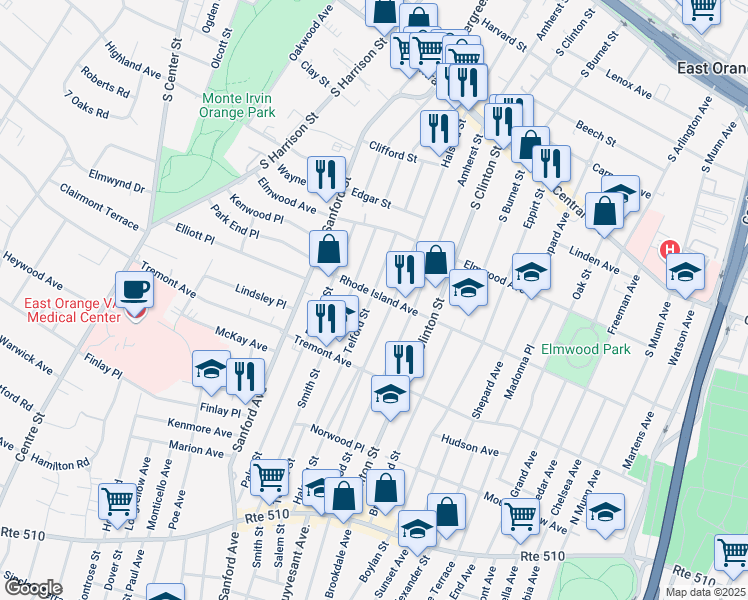 map of restaurants, bars, coffee shops, grocery stores, and more near 60 Telford Street in East Orange
