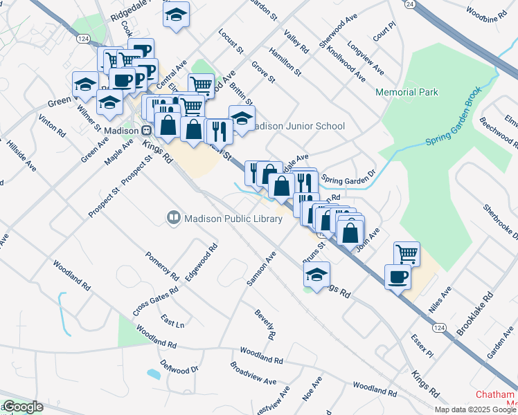 map of restaurants, bars, coffee shops, grocery stores, and more near 19 Cross Street in Madison