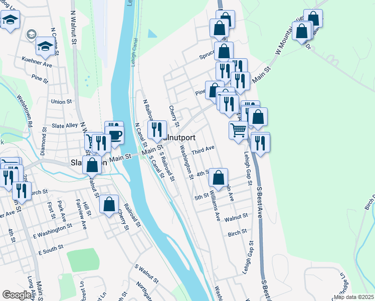 map of restaurants, bars, coffee shops, grocery stores, and more near 206 Washington Street in Walnutport