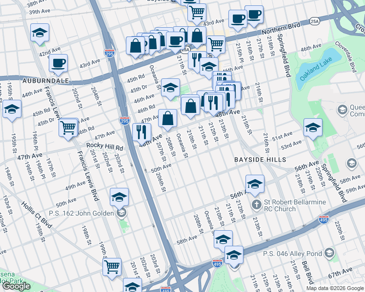 map of restaurants, bars, coffee shops, grocery stores, and more near 48-34 Oceania Street in Queens