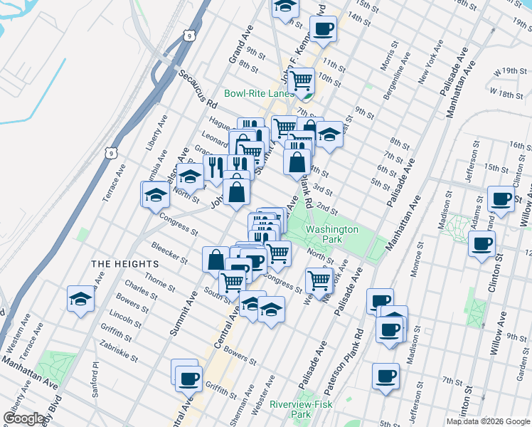 map of restaurants, bars, coffee shops, grocery stores, and more near 34 Irving Street in Jersey City
