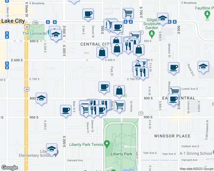map of restaurants, bars, coffee shops, grocery stores, and more near 719 500 East in Salt Lake City