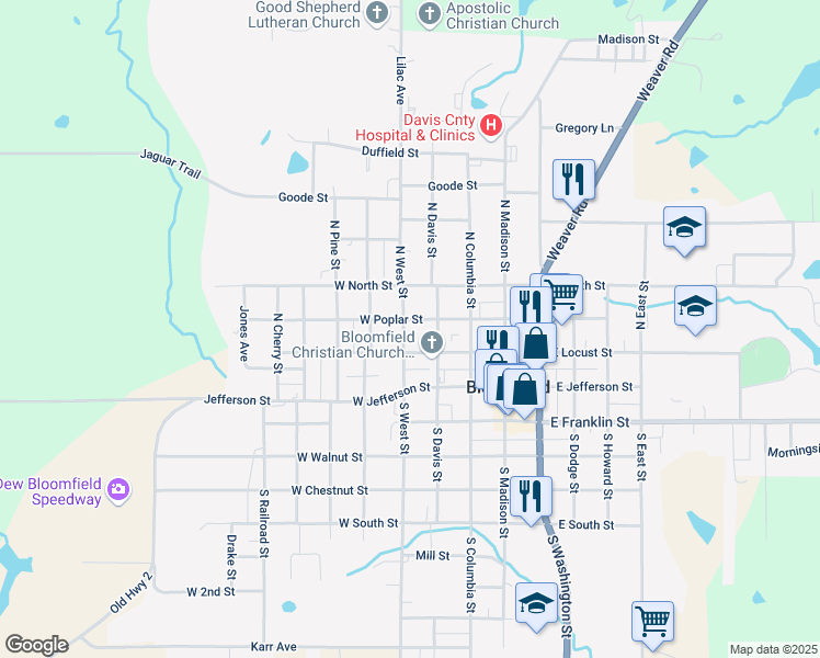 map of restaurants, bars, coffee shops, grocery stores, and more near 401-499 West Poplar Street in Bloomfield