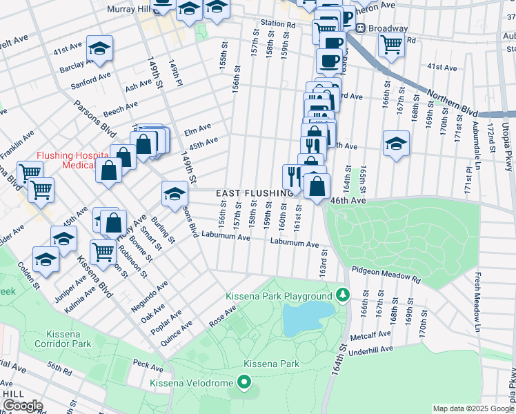 map of restaurants, bars, coffee shops, grocery stores, and more near 46-18 158th Street in Queens