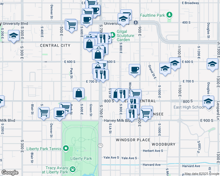 map of restaurants, bars, coffee shops, grocery stores, and more near 725 South Lake Street in Salt Lake City