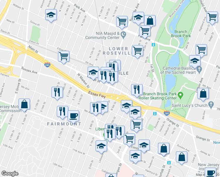map of restaurants, bars, coffee shops, grocery stores, and more near 500 Orange Street in Newark