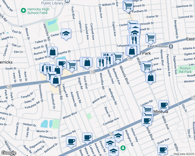 map of restaurants, bars, coffee shops, grocery stores, and more near 528 Liberty Avenue in Williston Park
