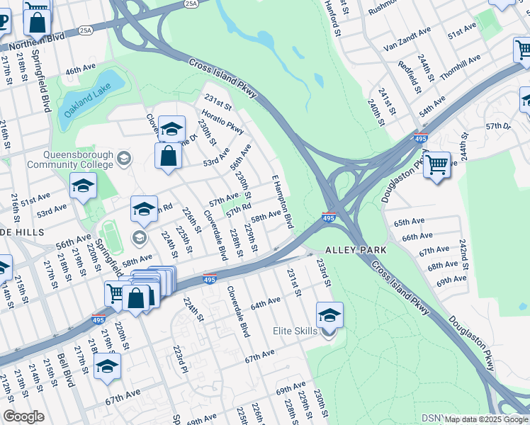 map of restaurants, bars, coffee shops, grocery stores, and more near 230-01 58th Avenue in Queens