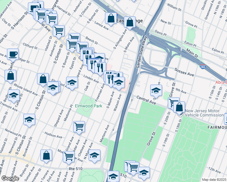map of restaurants, bars, coffee shops, grocery stores, and more near 95 South Munn Avenue in East Orange