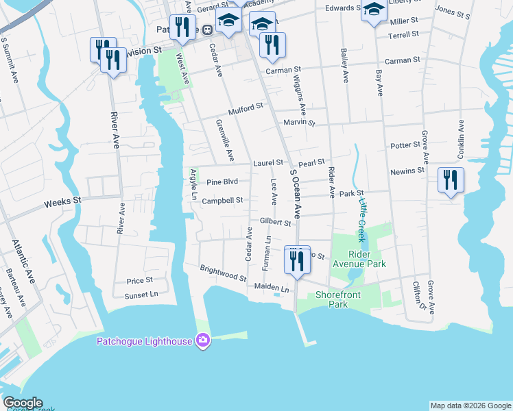 map of restaurants, bars, coffee shops, grocery stores, and more near 213 Cedar Avenue in Patchogue