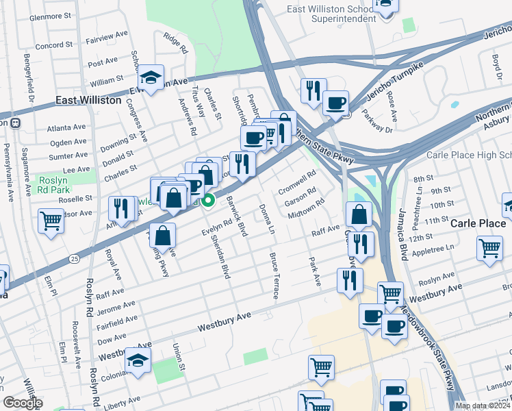 map of restaurants, bars, coffee shops, grocery stores, and more near 276 Evelyn Road in Mineola